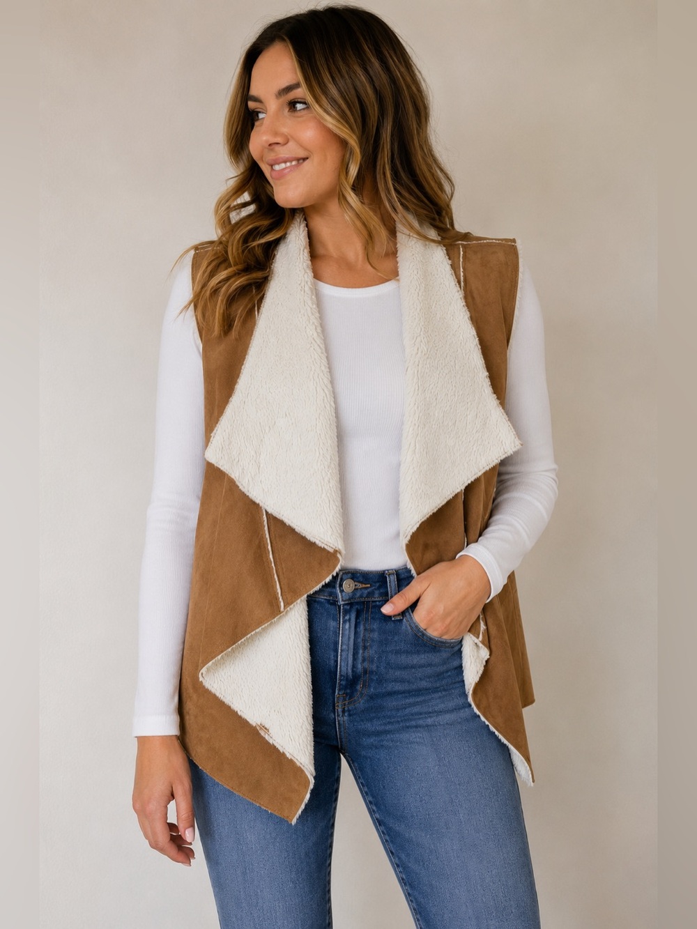 Ellison Faux Suede Shearling Draped Vest Size M